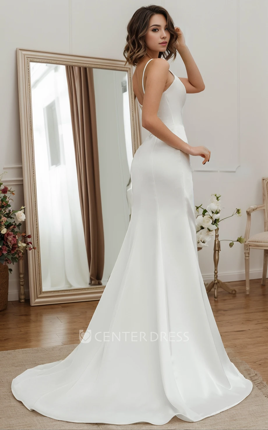 Casual Simple Mermaid Satin Spaghetti Split Front Sweetheart Neck Ruching Wedding Dress Solid Sleeveless Backless Floor-length Bridal Gown with Train
