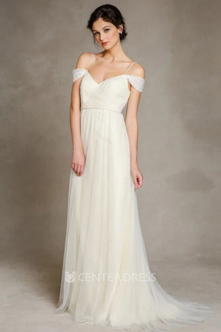 A-Line Jeweled Floor-Length Spaghetti Tulle Wedding Dress With Pleats