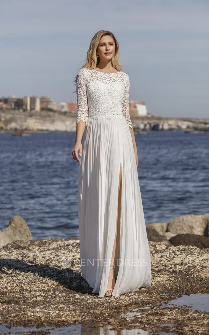 Georgous Half Sleeve Front Split Lace Chiffon Button Wedding Dress