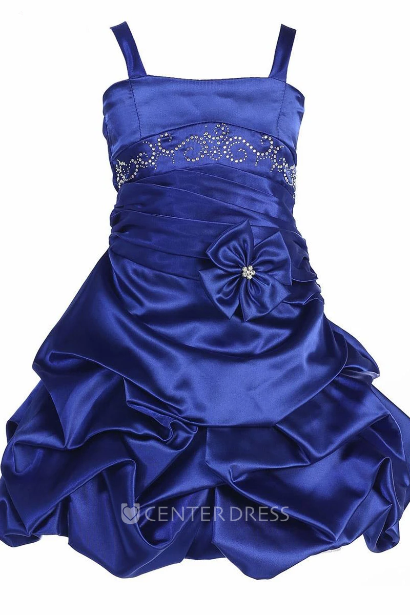 Floral Knee-Length Pleated Beaded Satin Flower Girl Dress With Tiers