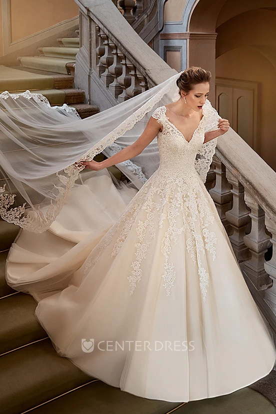 Ball Gown V-Neck Appliqued Floor-Length Cap-Sleeve Lace Wedding Dress