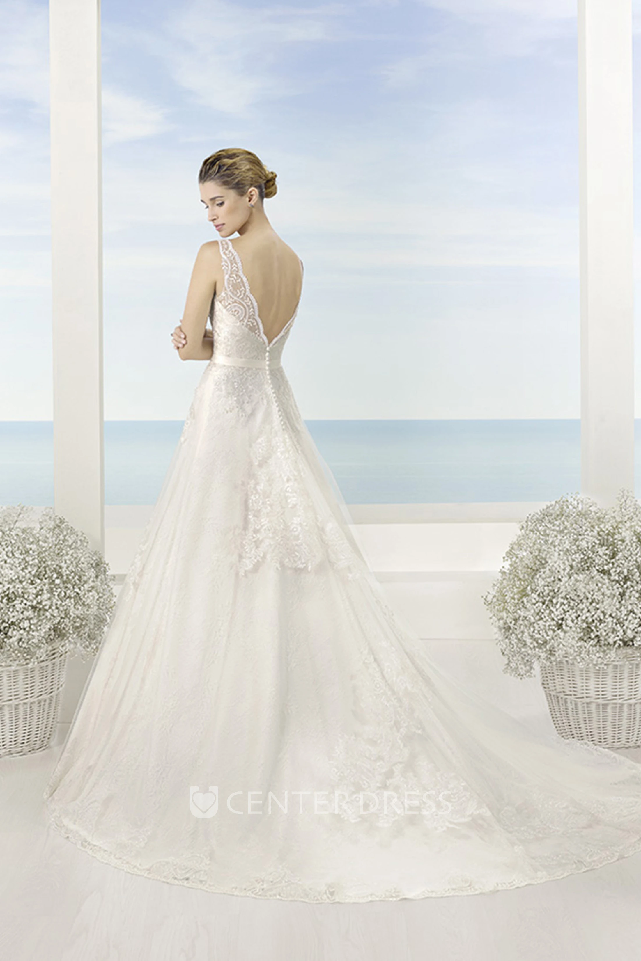 A-Line Sleeveless Bateau Appliqued Maxi Lace&Satin Wedding Dress With Chapel Train And Deep-V Back