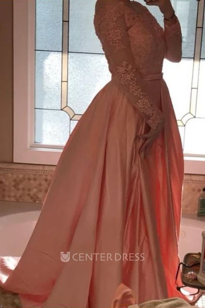Illusion Long Sleeve Sweep Brush Train Ball Gown Off-the-shoulder Satin Lace Dress