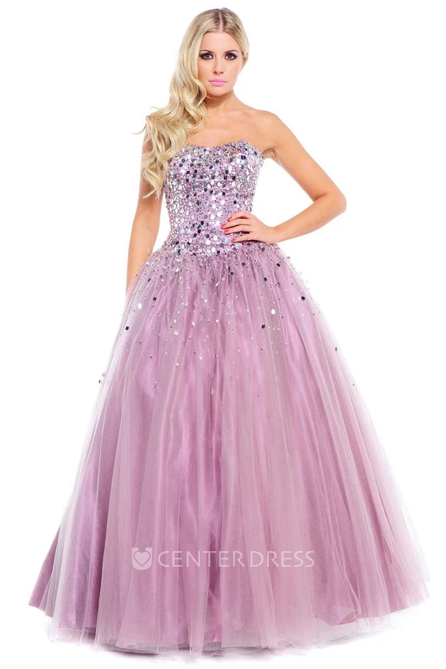 Ball Gown Strapless Sequined Tulle Prom Dress With Beading And Bow