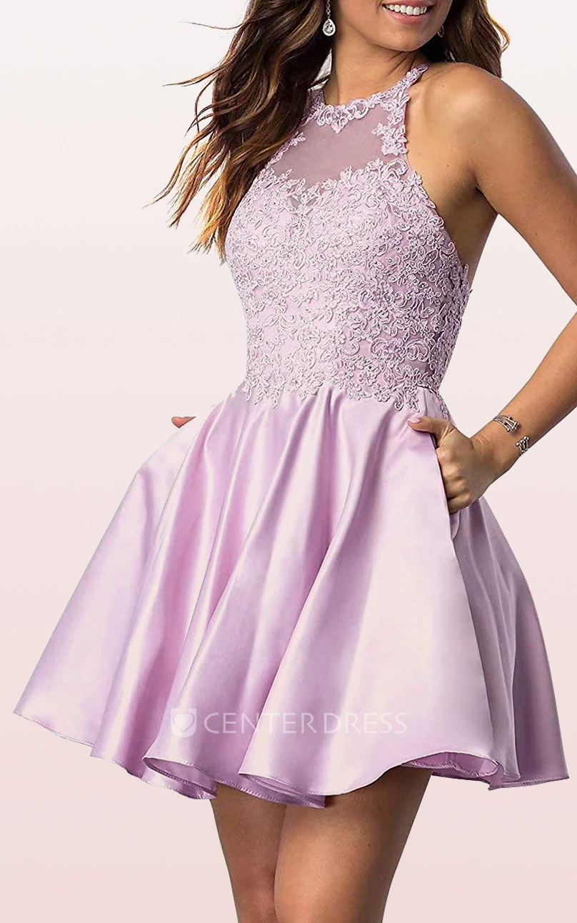 Adorable A Line Satin Lace Jewel Sleeveless Homecoming Dress with Pleats