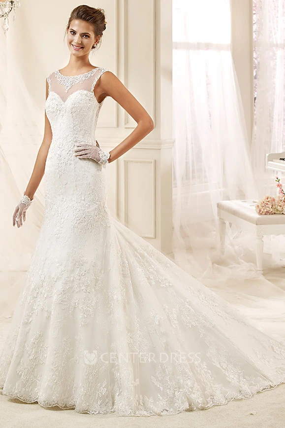 Jewel-Neck Cap-Sleeve Mermaid Wedding Dress With Illusive Design And Court Train