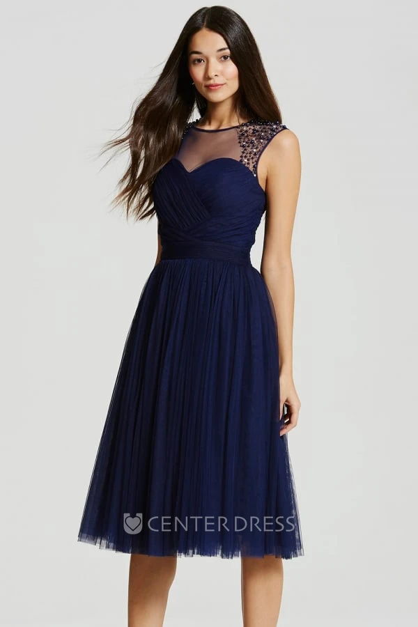 Tea-Length Beaded Scoop Neck Sleeveless Tulle Bridesmaid Dress