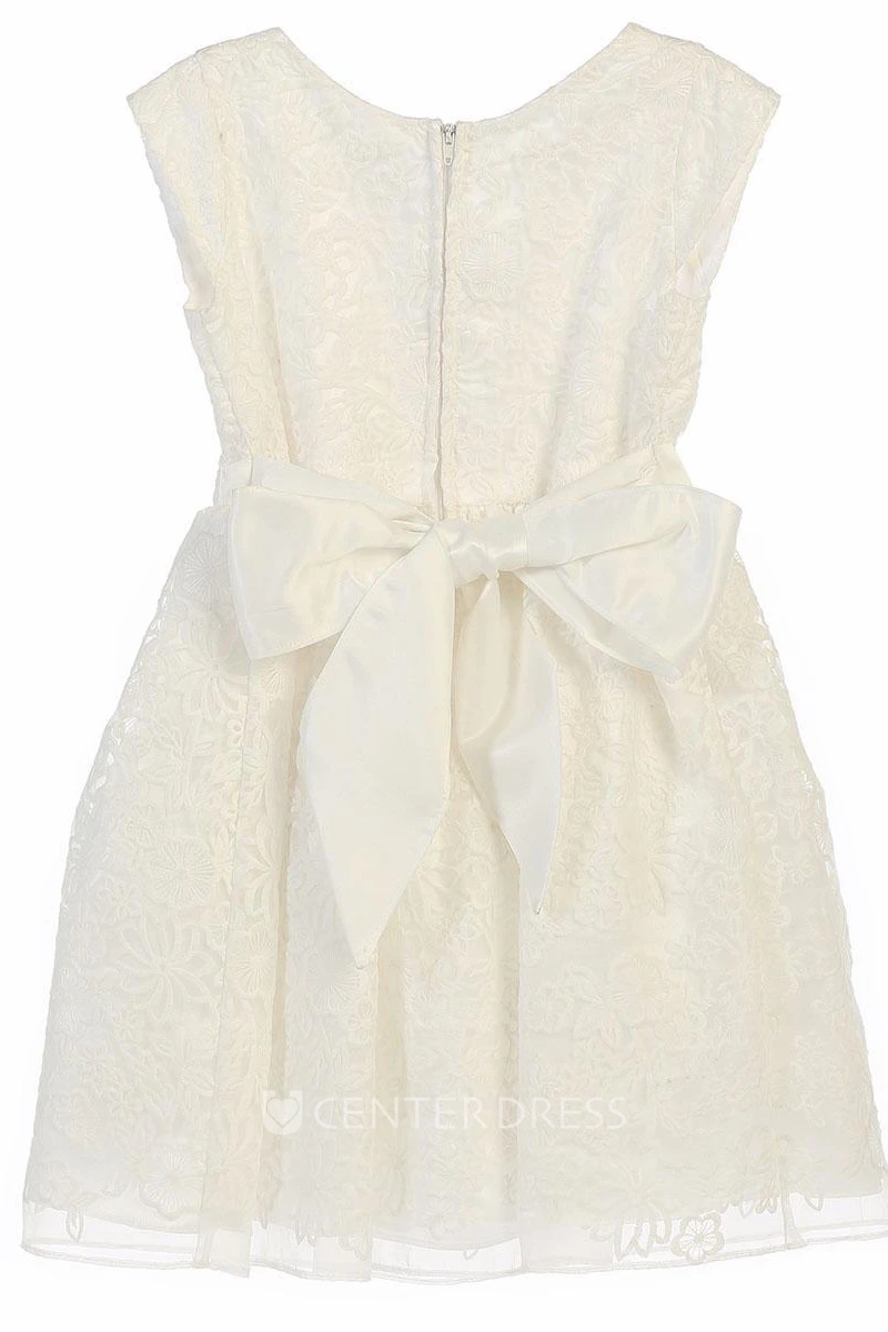 Floral Midi Bowed Cap-Sleeve Organza&Satin Flower Girl Dress With Embroidery