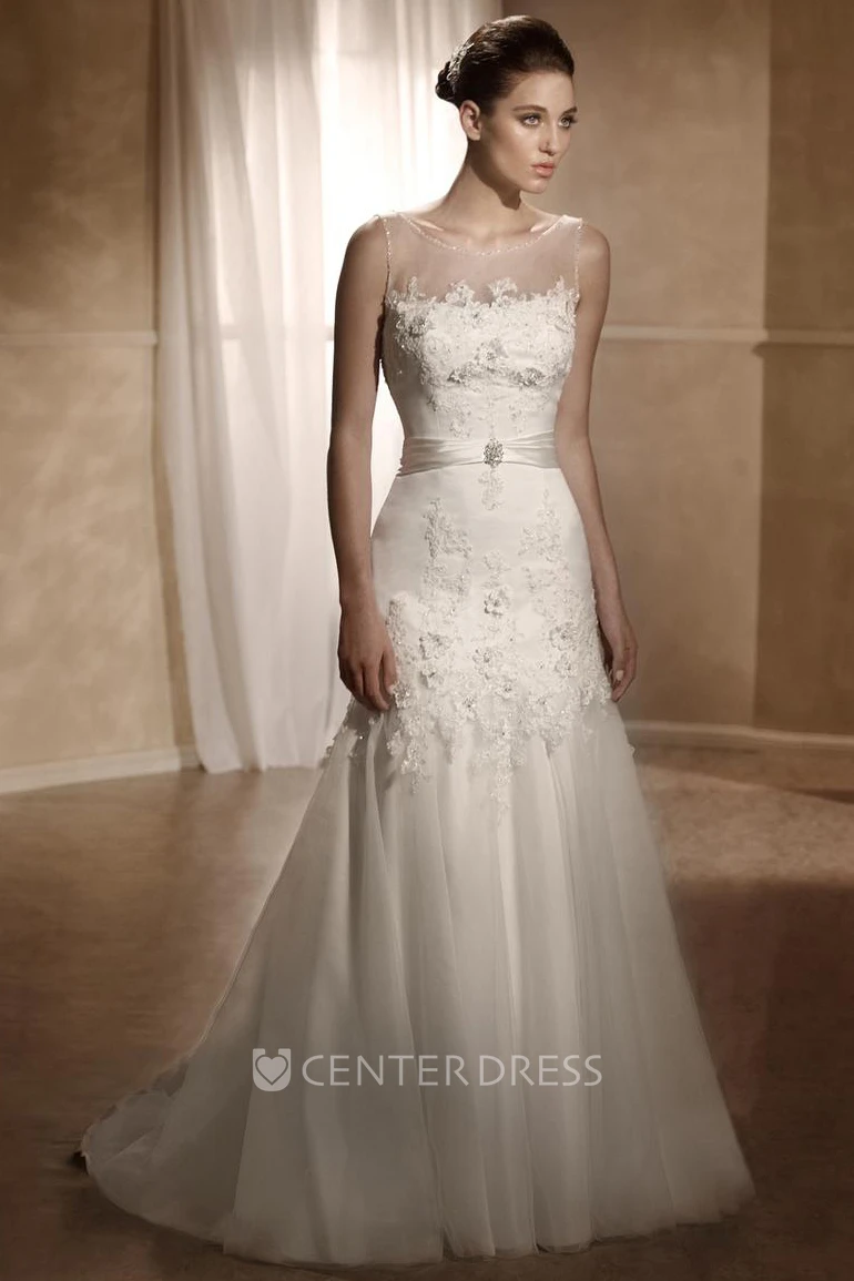 A-Line Long Bateau Sleeveless Appliqued Tulle&Satin Spring Wedding Dress With Pleats And Deep-V Back