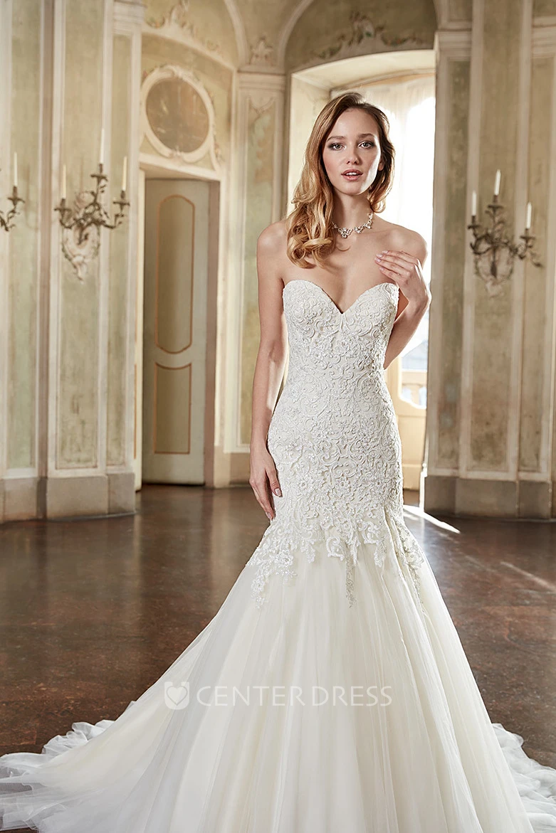 Mermaid Sleeveless Appliqued Maxi Sweetheart Lace&Tulle Wedding Dress