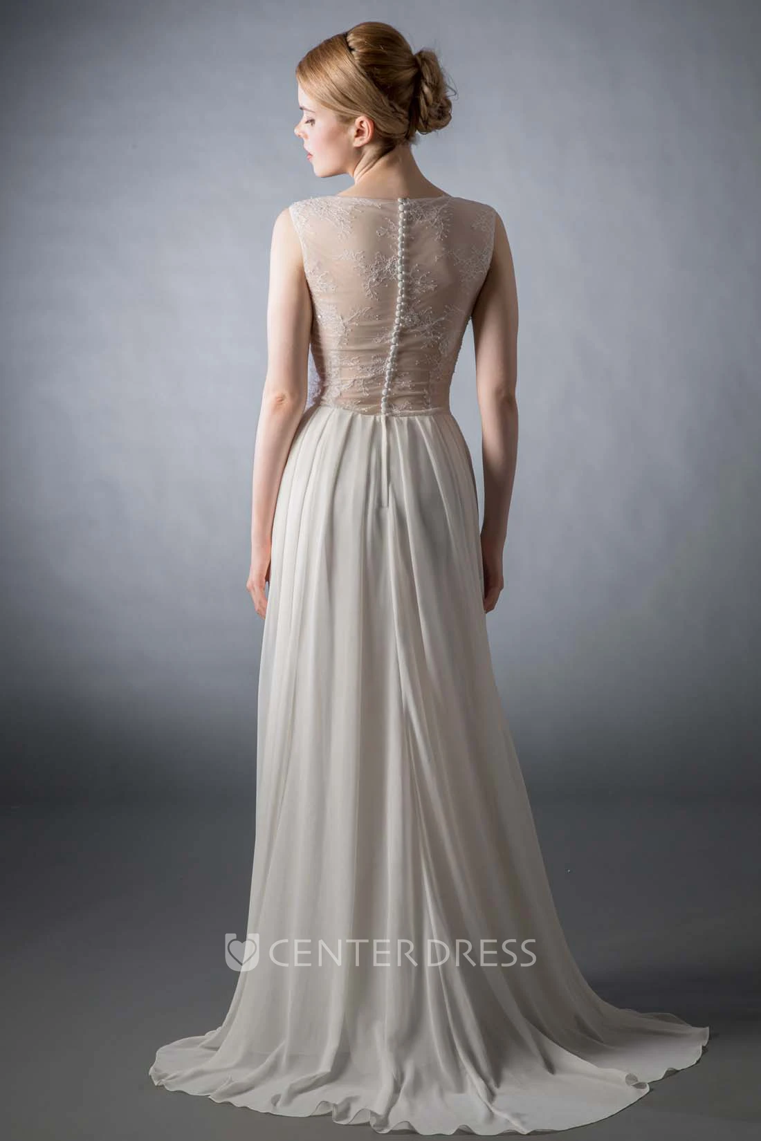 Sheath Scoop Cap-Sleeve Beaded Floor-Length Satin&Chiffon Wedding Dress With Illusion Back And Sweep Train