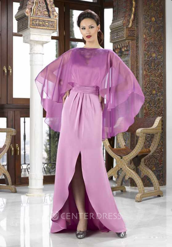 Maxi Split-Front Jewel Neck Satin Mother Of The Bride Dress With Cape And Beading