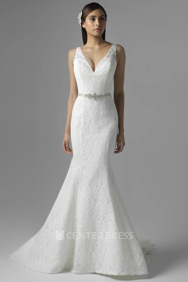 Trumpet Sleeveless V-Neck Long Appliqued Lace Wedding Dress With Waist Jewellery And Deep-V Back