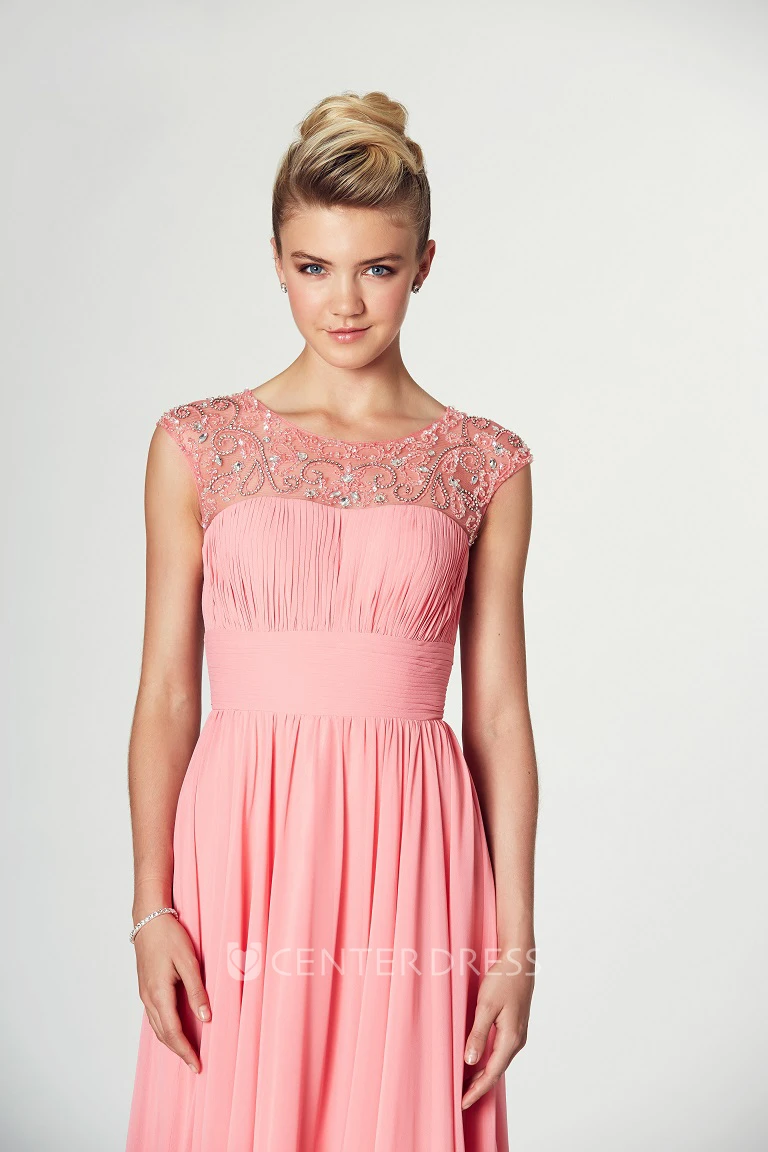 Maxi Ruched Sleeveless Scoop Neck Chiffon Prom Dress
