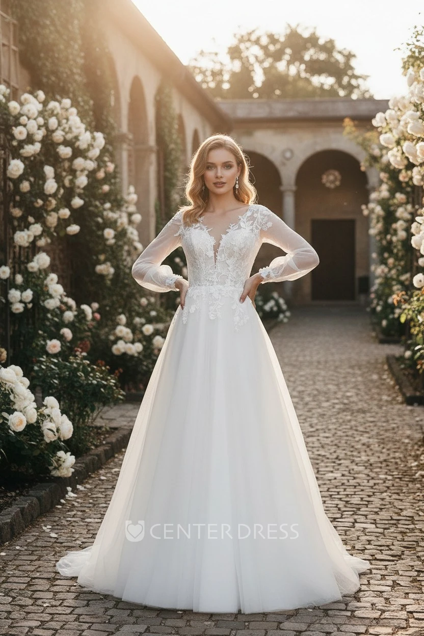 Boho Ethereal Long Sleeve A-Line Plunging-V Neck Flowers Lace Tulle Spring Wedding Dress Romantic Garden Floor-length Bridal Gown with Button V Back