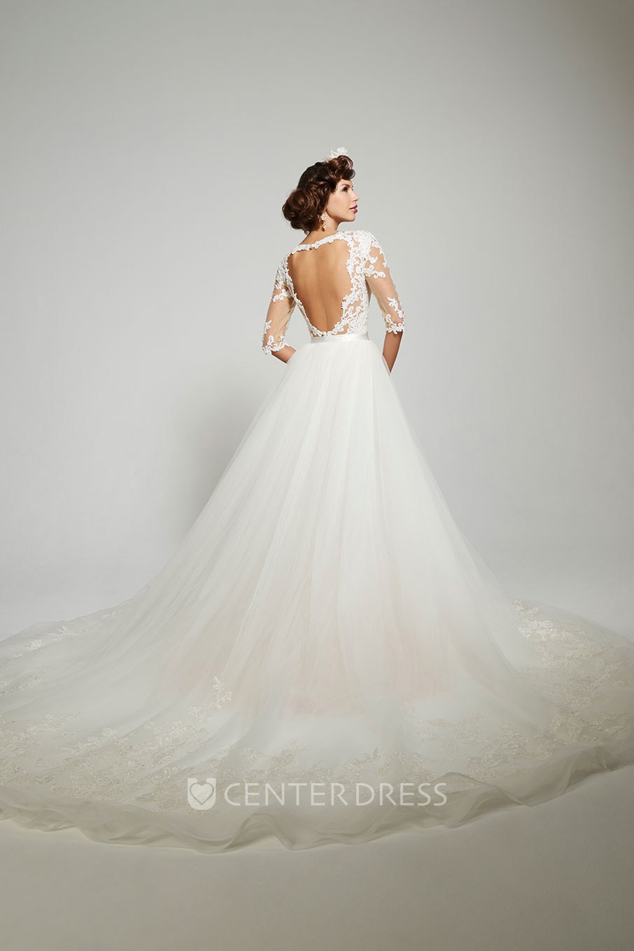 Ball Gown 3-4-Sleeve Square-Neck Tulle&Lace Wedding Dress