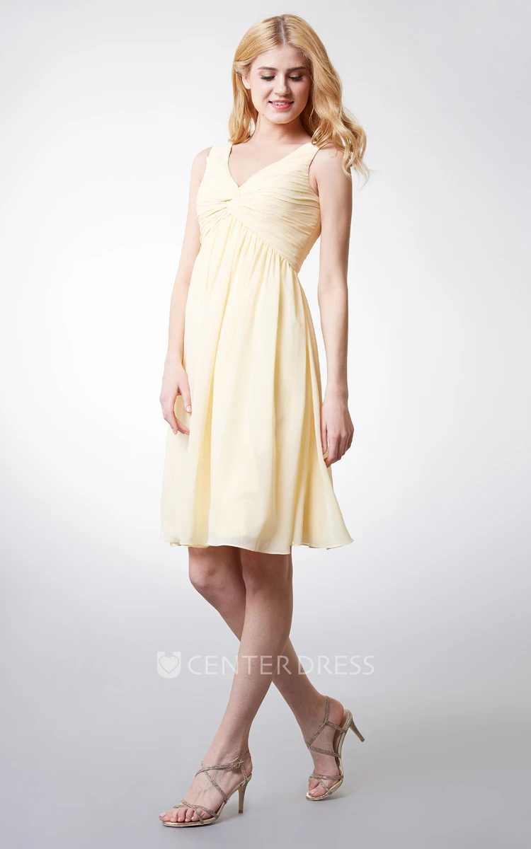 V-Neckline Empire Chiffon Knee-length Dress With Pleats