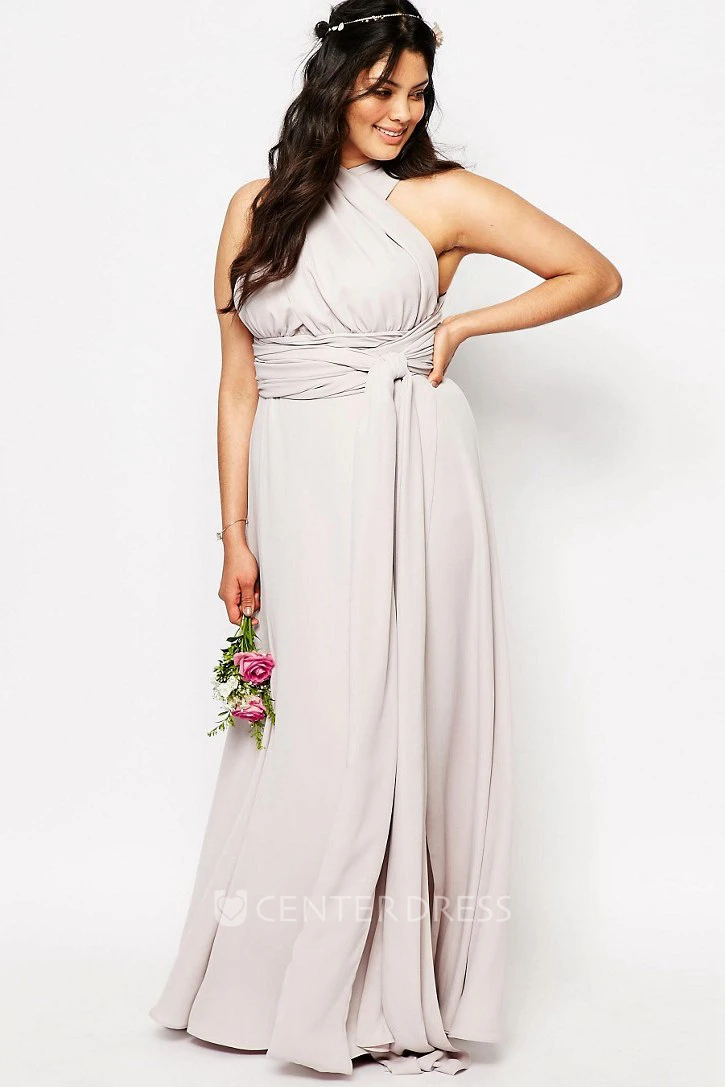Halter Sleeveless Ruched Chiffon Bridesmaid Dress With Split Front