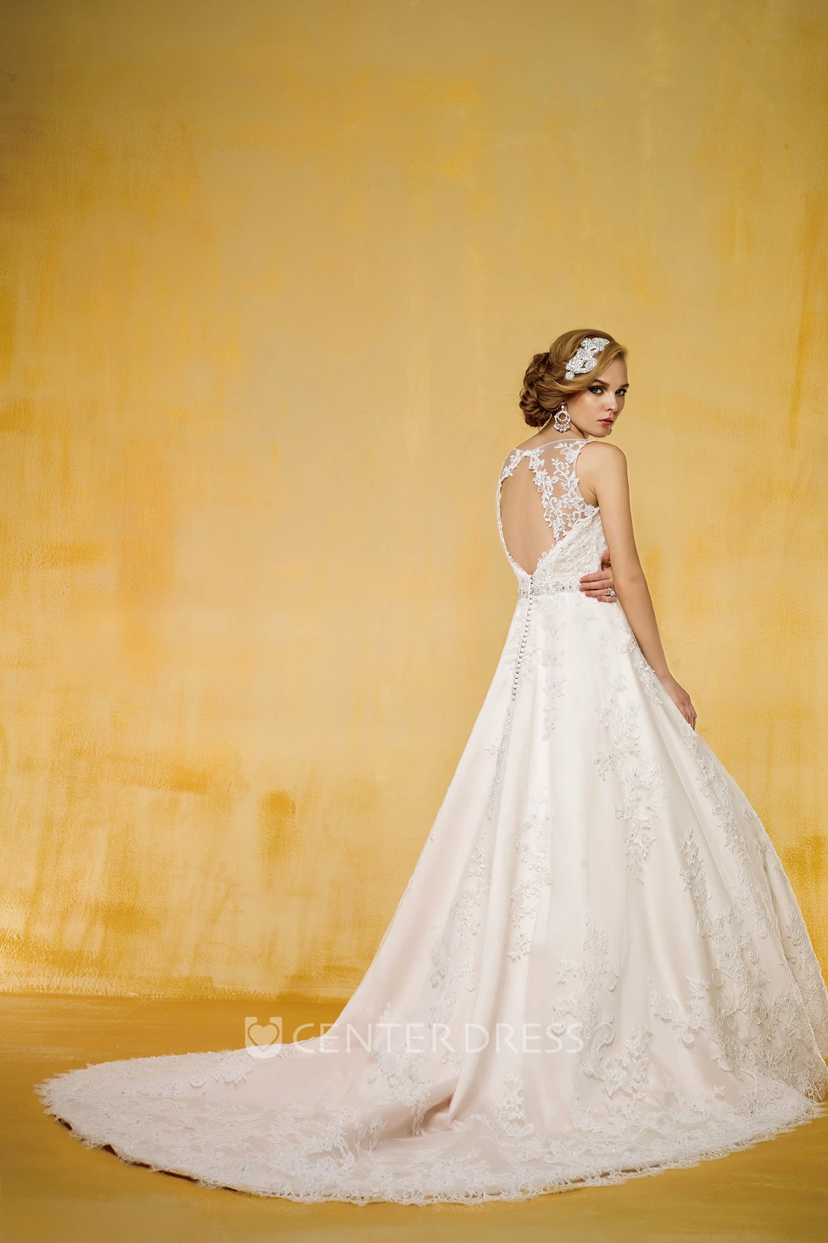 Sleeveless Bateau-Neck A-Line Gown With Illusion Style And Keyhole Back