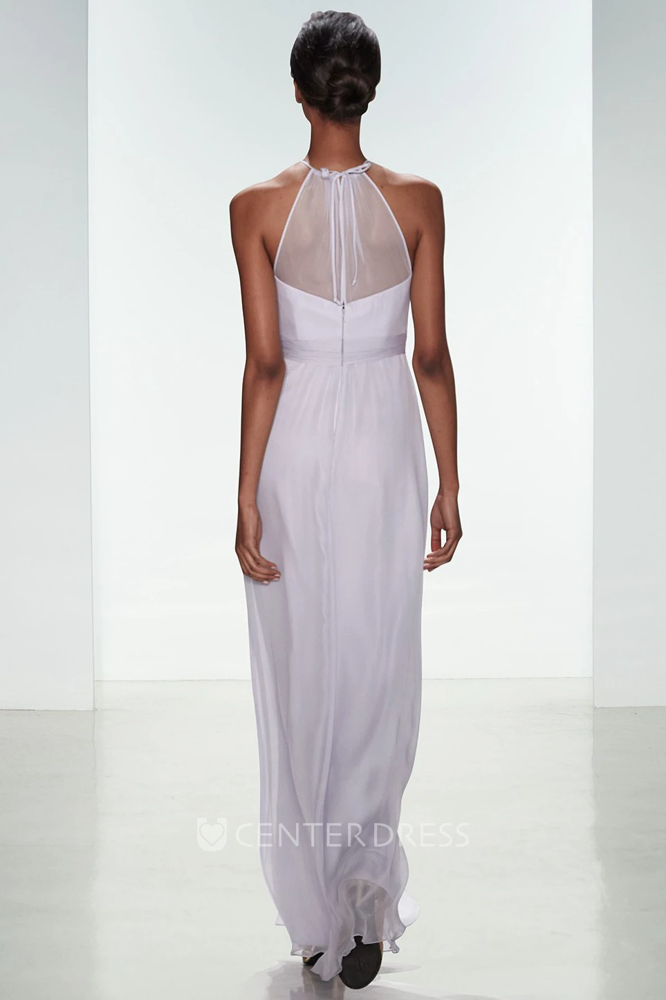 Sheath Ankle-Length Sleeveless Ribboned High Neck Satin Chiffon Bridesmaid Dress