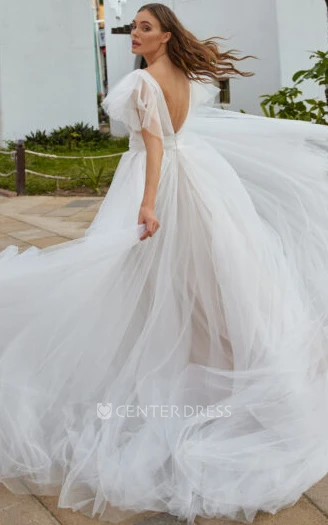 Simple A-Line V-neck Tulle Wedding Dress With Short Sleeve And Open Back