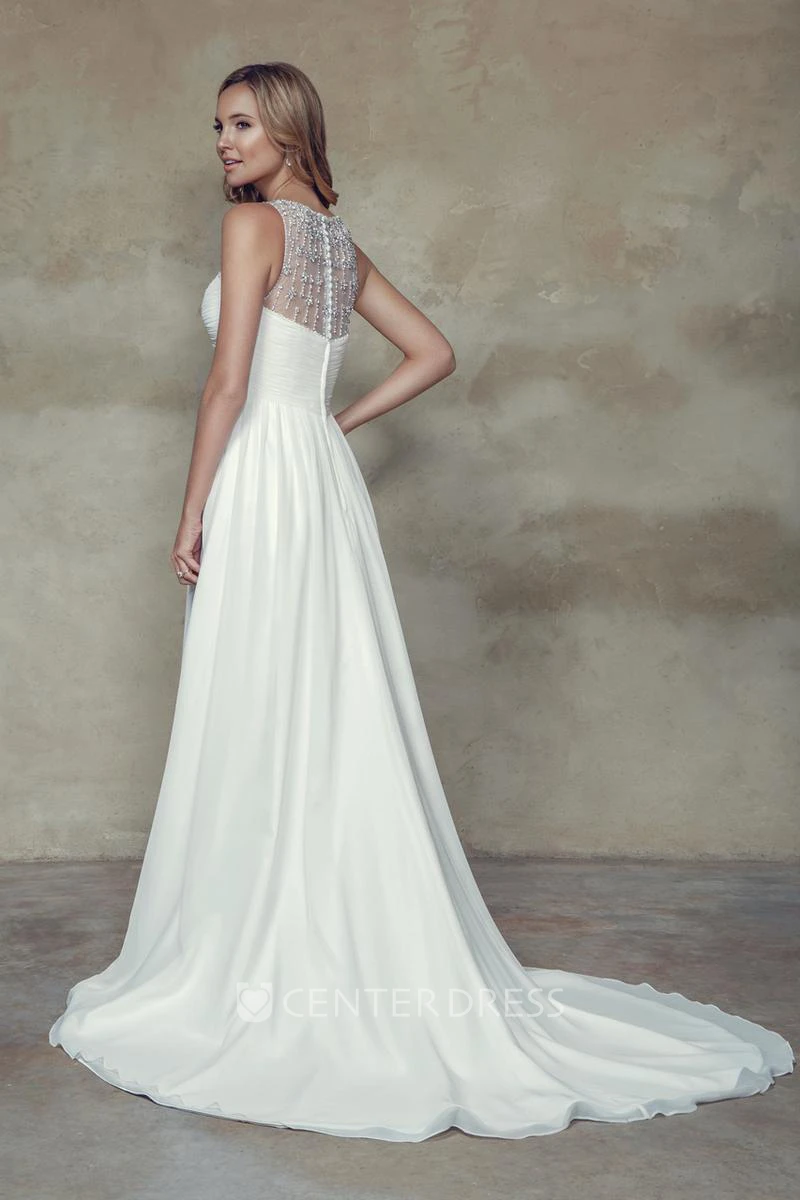 Empire Ruched Sleeveless Scoop Neck Chiffon Wedding Dress
