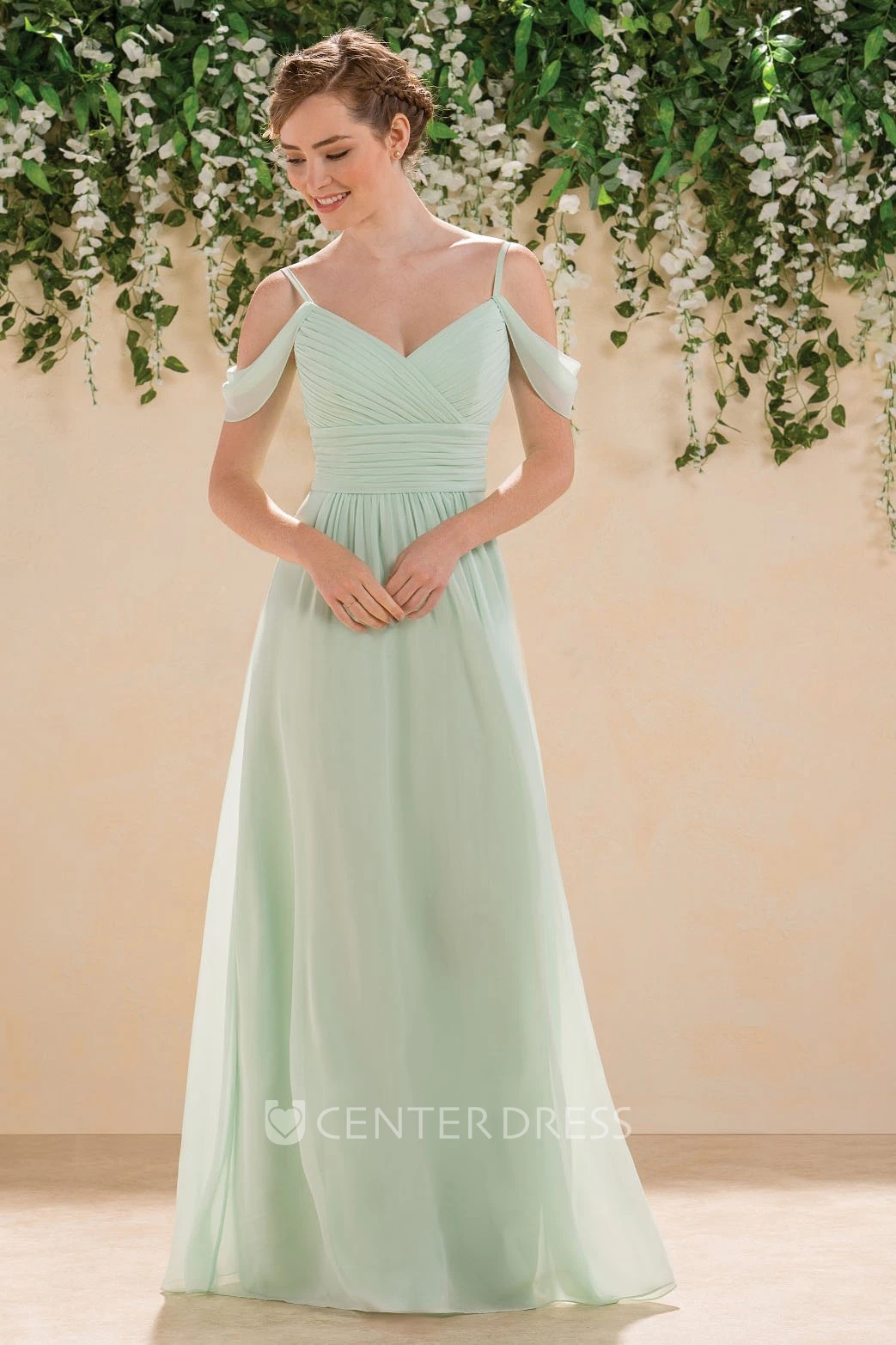 Off-Shoulder A-Line Floor-Length Bridesmaid Dress With Ruches And V-Back