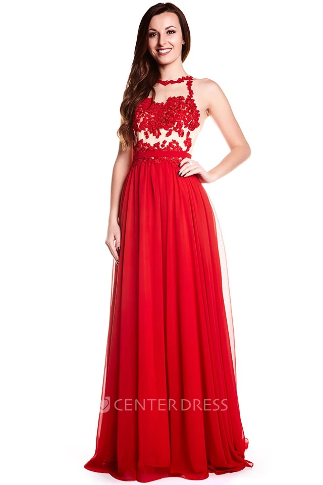 High Neck Appliqued Sleeveless Chiffon Prom Dress With Illusion Back
