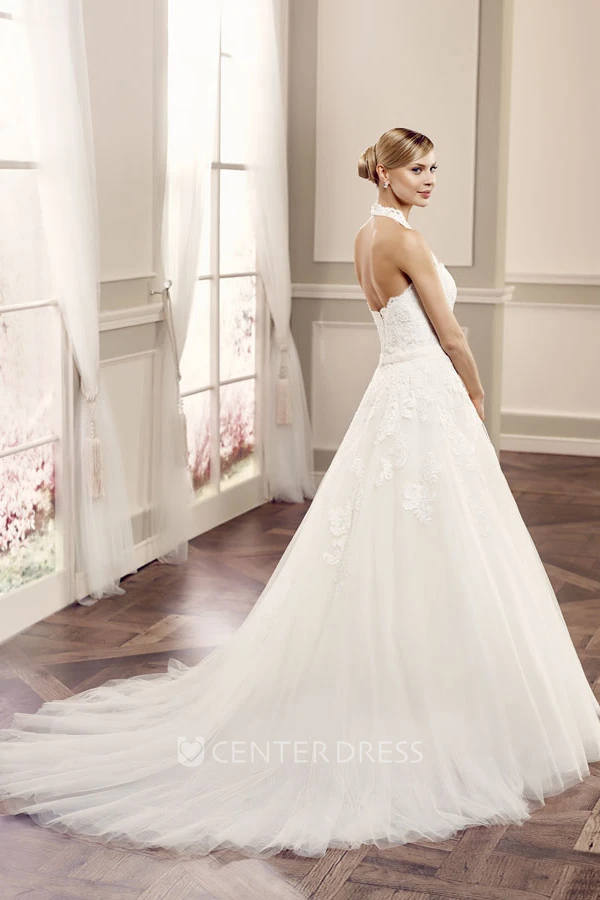 Ball-Gown Sleeveless Floor-Length Halter Appliqued Lace Wedding Dress With Waist Jewellery
