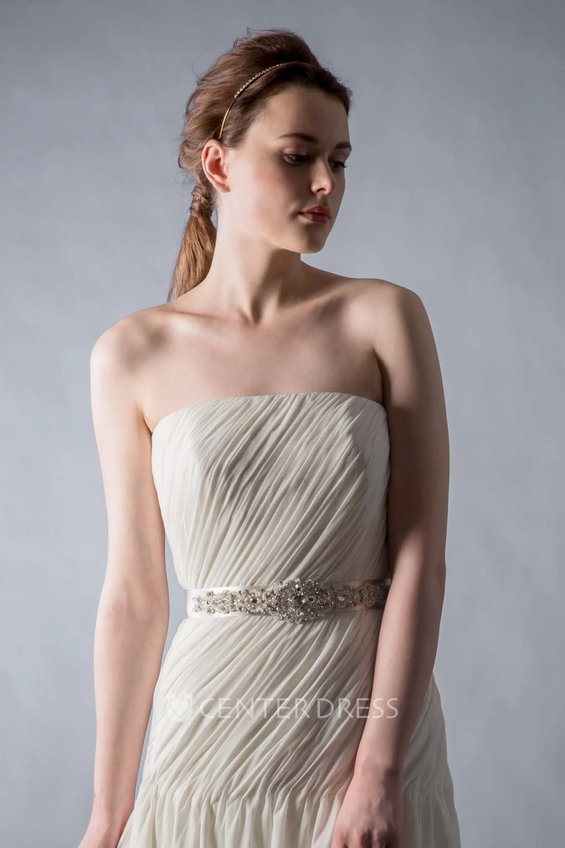 Maxi Strapless Bowed Ruched Chiffon Wedding Dress With Sweep Train