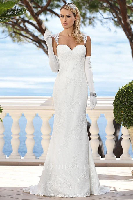 Queen Anne Long Appliqued Lace Wedding Dress With Illusion