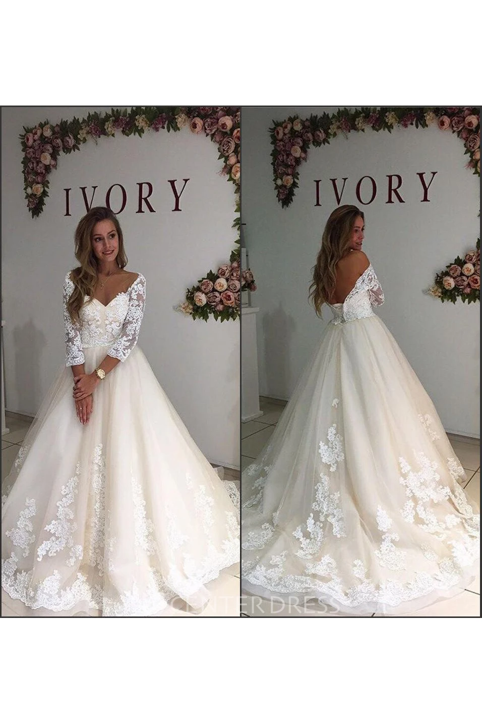 Ball Gown Off-the-shoulder Lace Tulle Low-V Back Wedding Gown