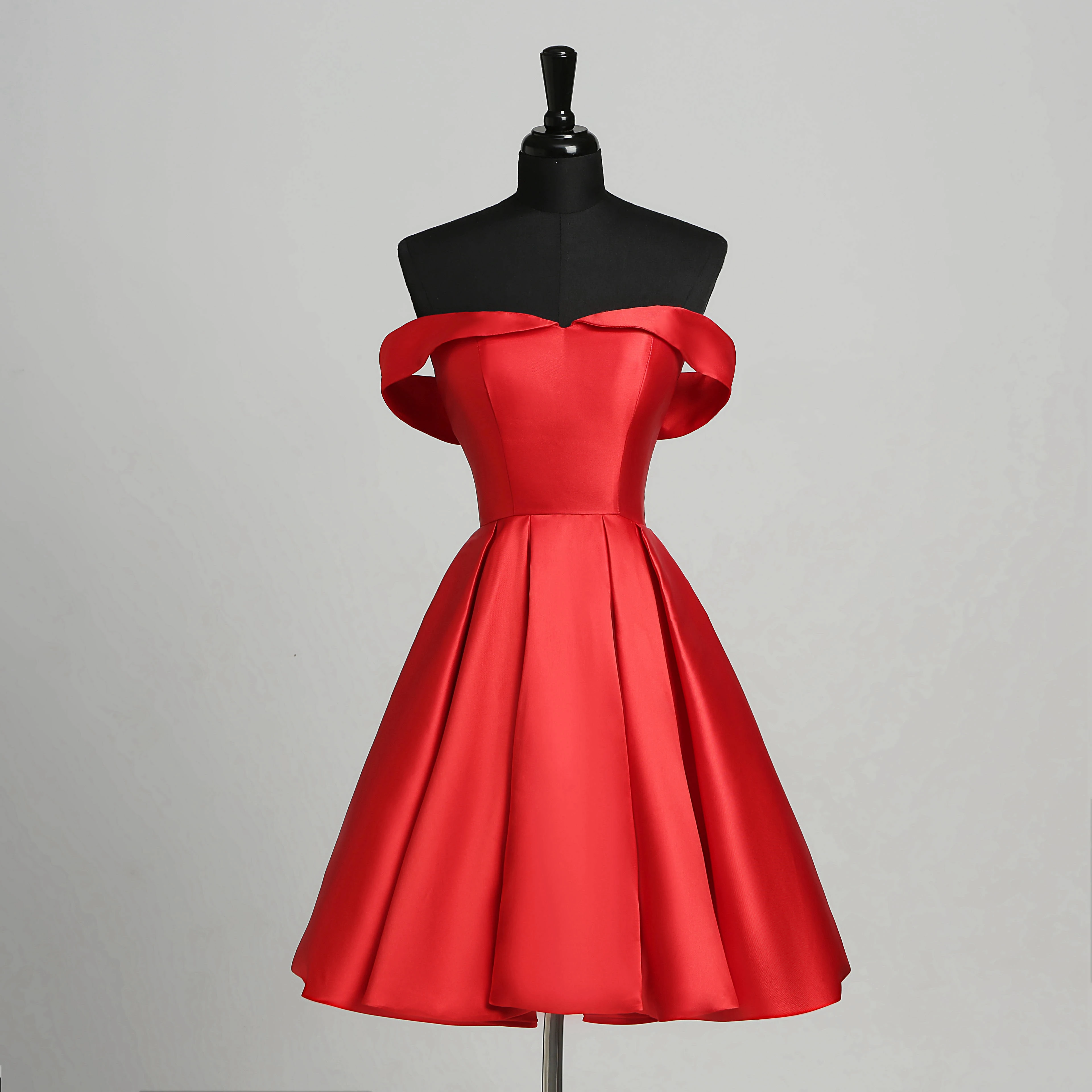 Satin A-Line Off-the-shoulder Elegant Romantic Sleeveless Short Mini Open Back Zipper Dress
