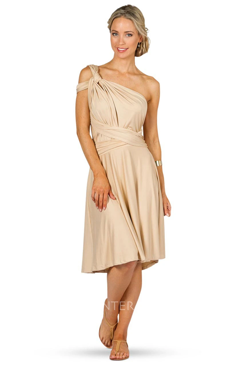 Knee-Length Sleeveless Ruched One-Shoulder Chiffon Convertible Bridesmaid Dress With Straps