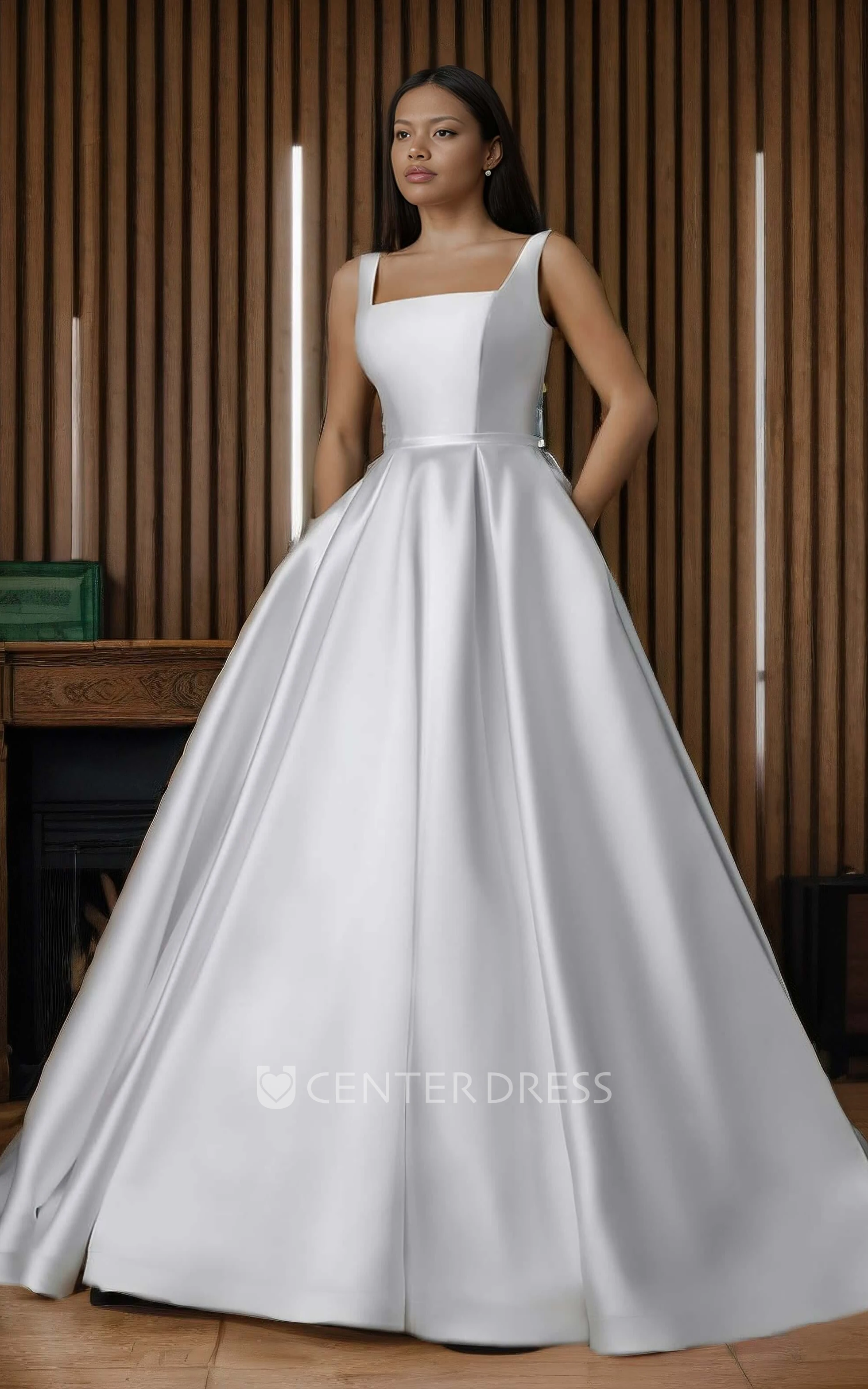 Fantasy Elegant A-Line Ball Gown Square Neckline Wedding Dress Minimalist Simple Plus Size Sleeveless Corset Back Floor Length Sweep Train Bridal Gown with Pocket