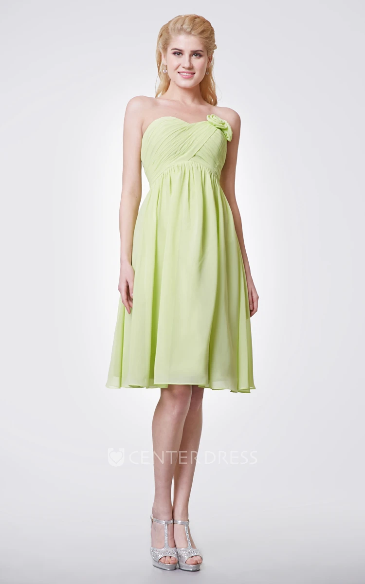 Floral Empire Knee Length Strapless Chiffon Dress With Pleated Skirt