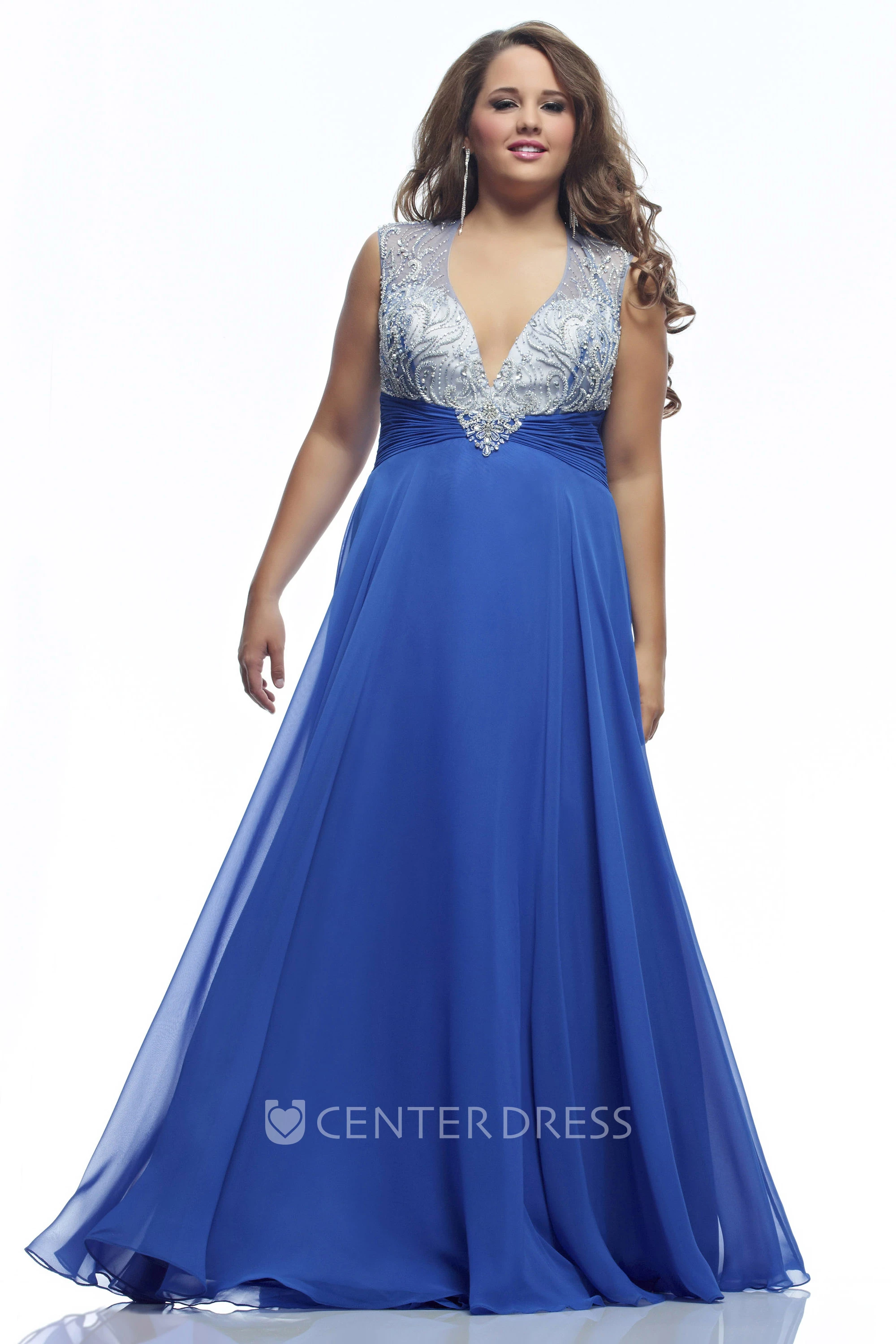 A-line Floor-length V-neck Sleeveless Cap Jersey Beading Illusion Dress