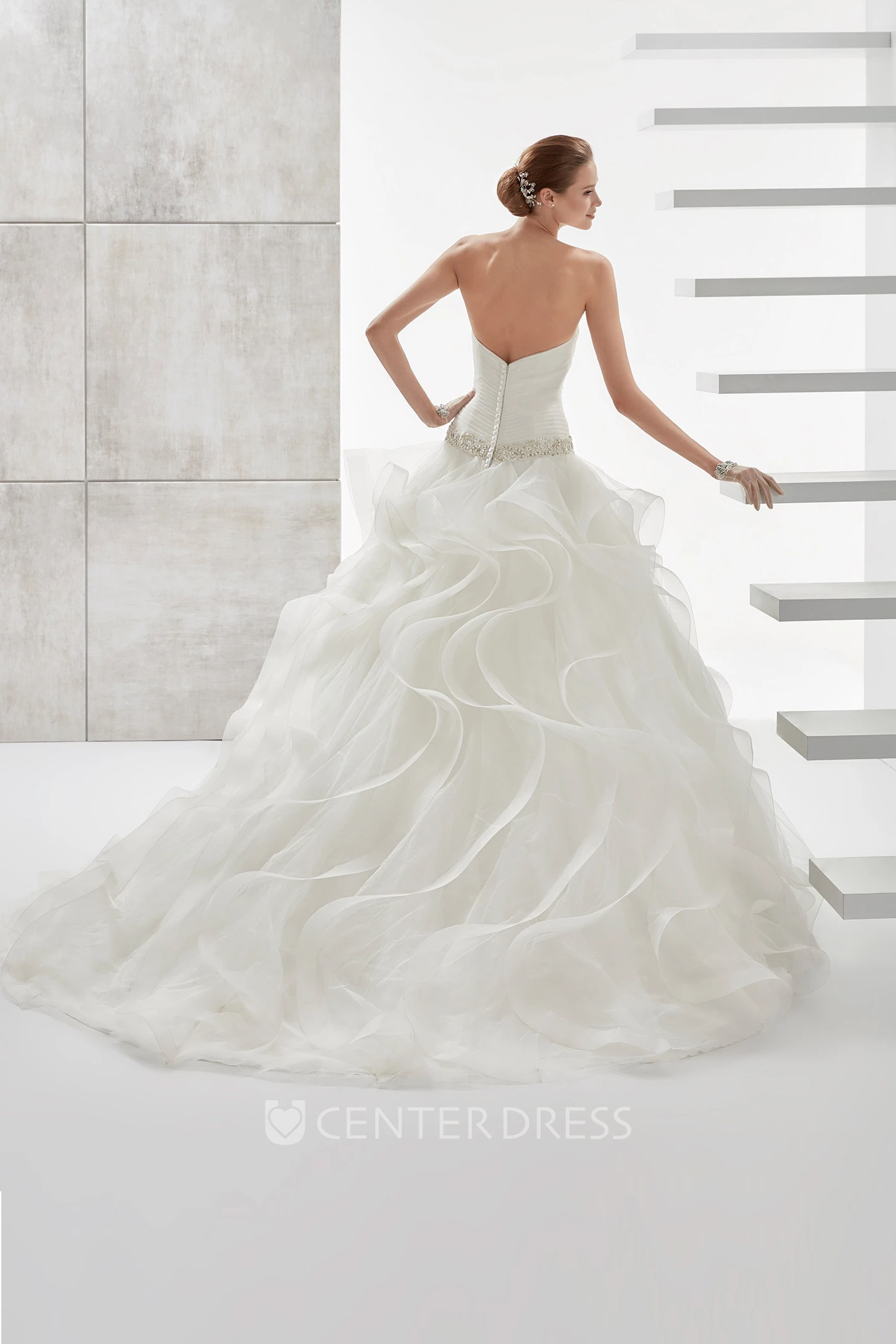 Strapless Pleating Wedding Dress with Cascading Ruffles and Beaded Details