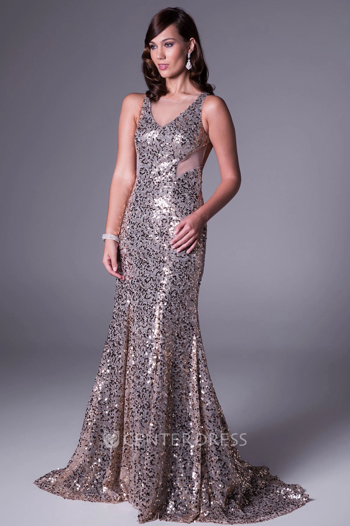 Sheath Floor-Length Sleeveless V-Neck Sequins Prom Dress