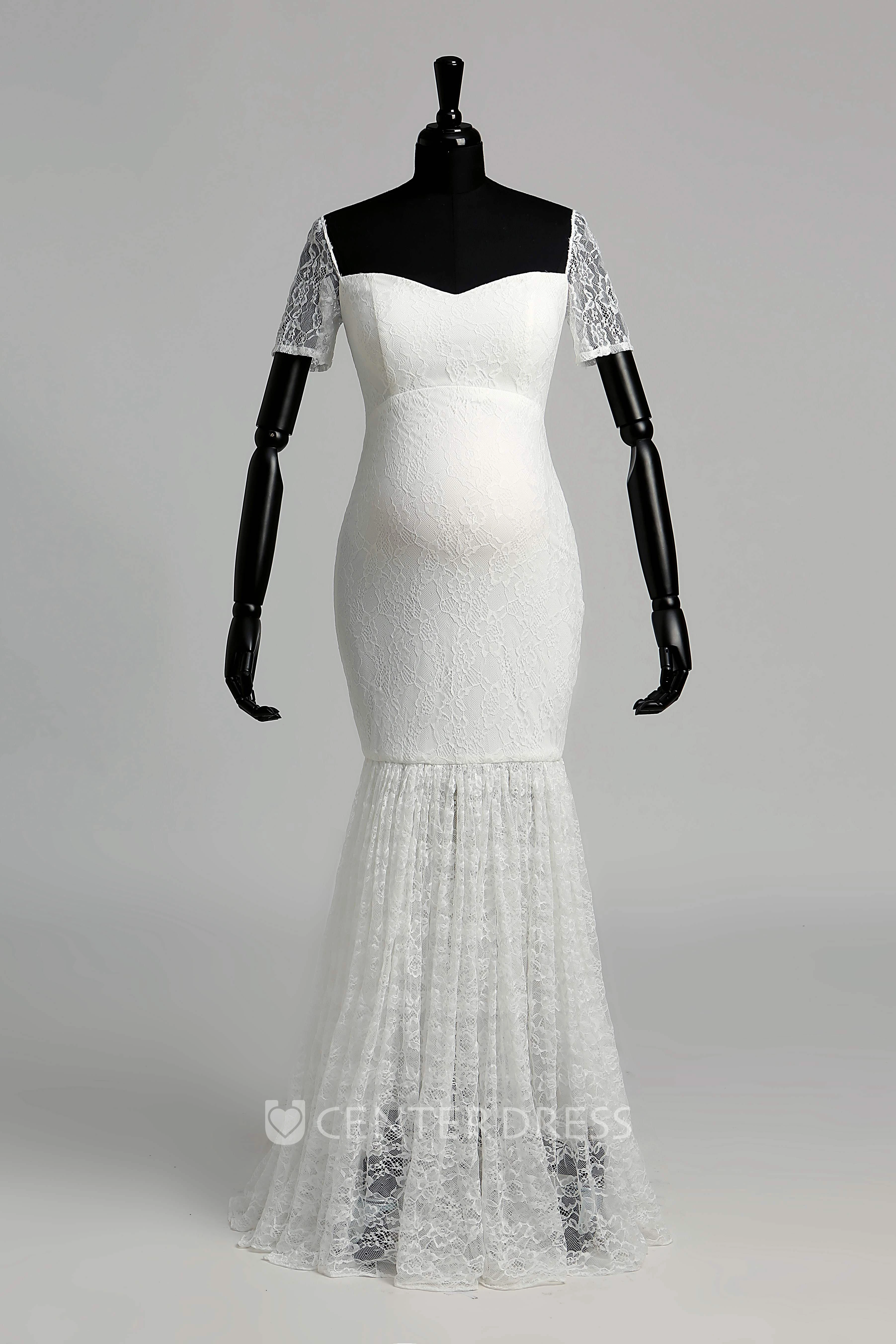 Lace Mermaid Off-the-shoulder Illusion Short Sleeve Maternity Wedding Dress with Pleats