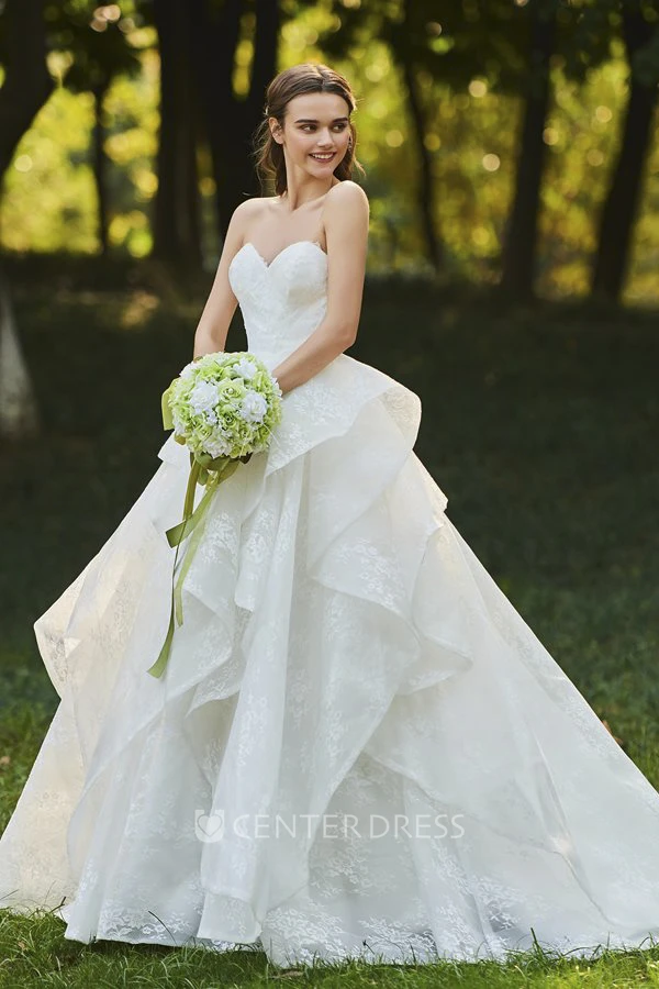 Lace Sweetheart Cascading Ruffles Sleeveless Open Back Bridal Ball Gown