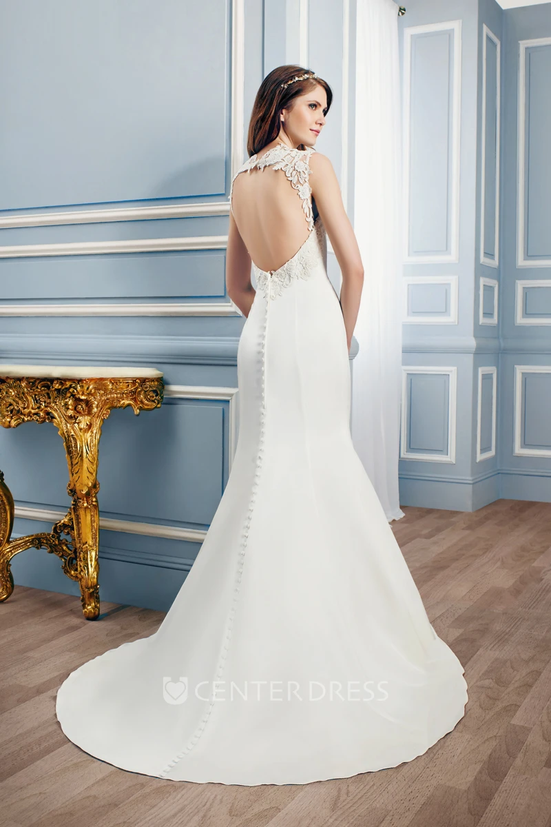 Trumpet Queen-Anne Long Sleeveless Appliqued Satin Wedding Dress With Court Train And Keyhole Back