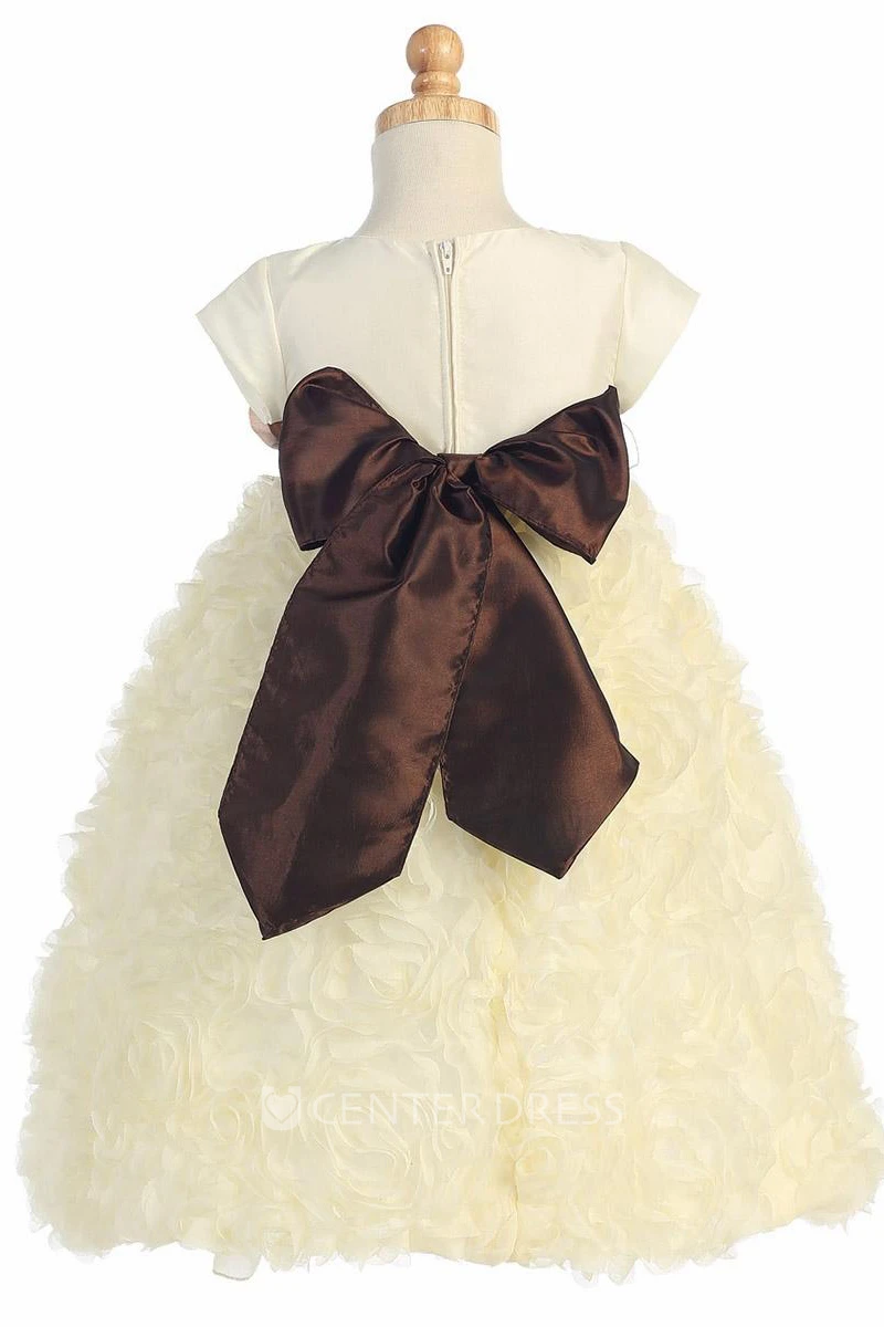 Ankle-Length Tiered Cap-Sleeve Tulle&Taffeta Flower Girl Dress