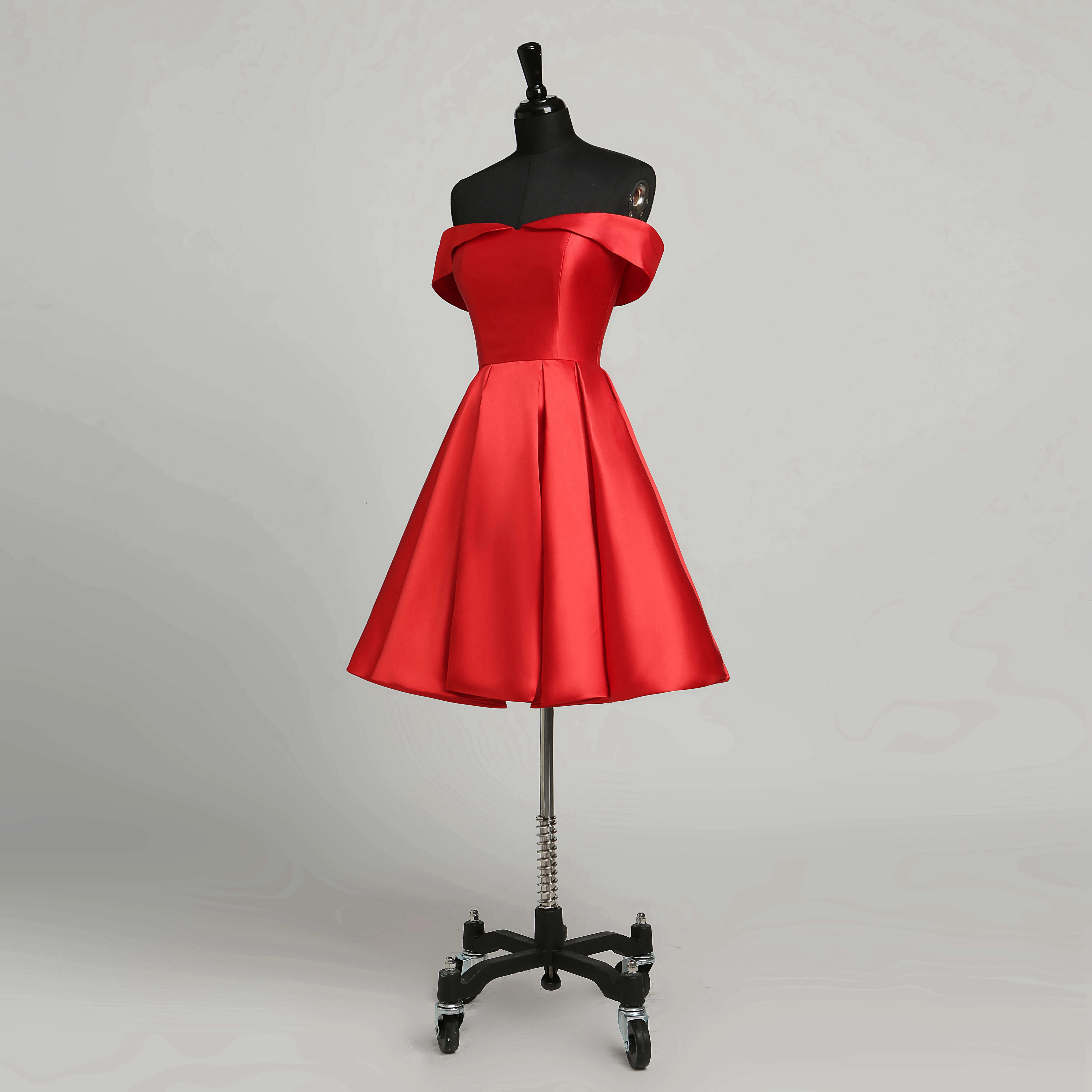 Satin A-Line Off-the-shoulder Elegant Romantic Sleeveless Short Mini Open Back Zipper Dress