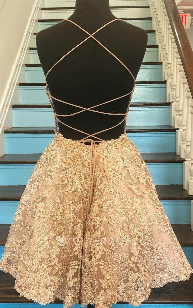 Romantic Lace Spaghetti A Line Homecoming Dress With Tied Back And Appliques