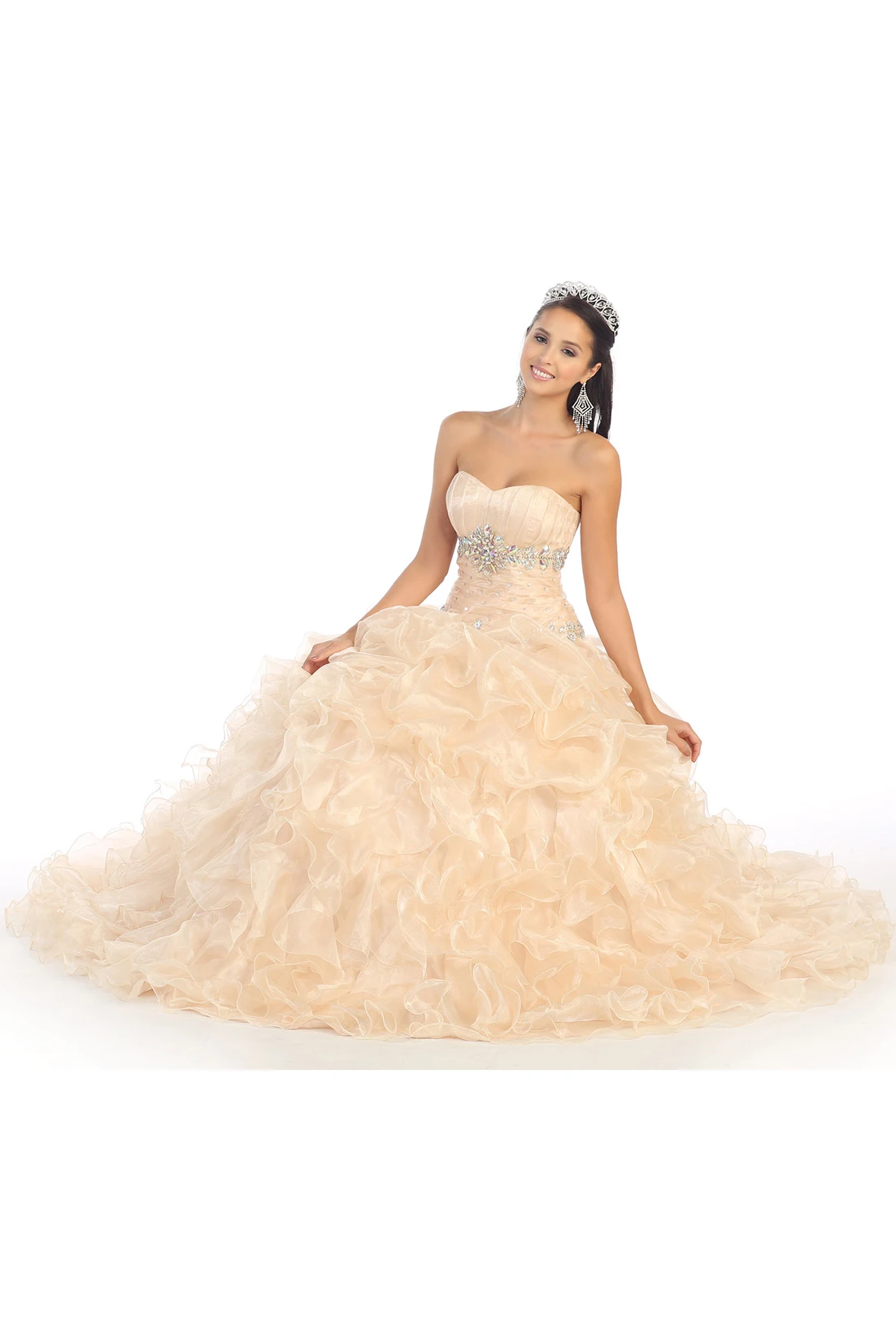 Ball Gown Strapless Sleeveless Organza Dress With Waist Jewellery And Ruffles
