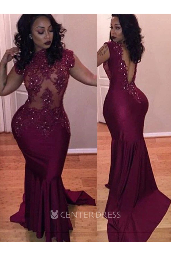 Cap Short Sleeve Sweep Brush Train Mermaid Trumpet High Neck Satin Lace Dress