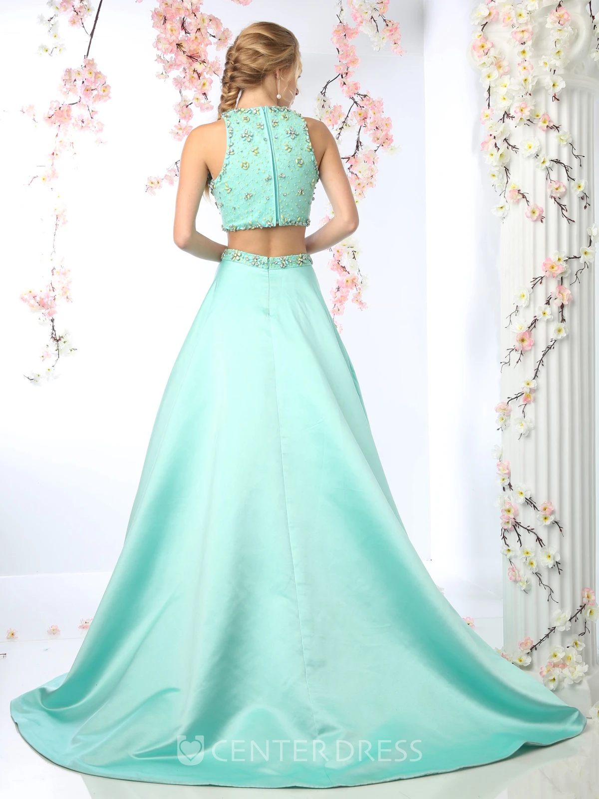 Two-Piece A-Line Jewel-Neck Sleeveless Satin Court Train Zipper Dress With Beading