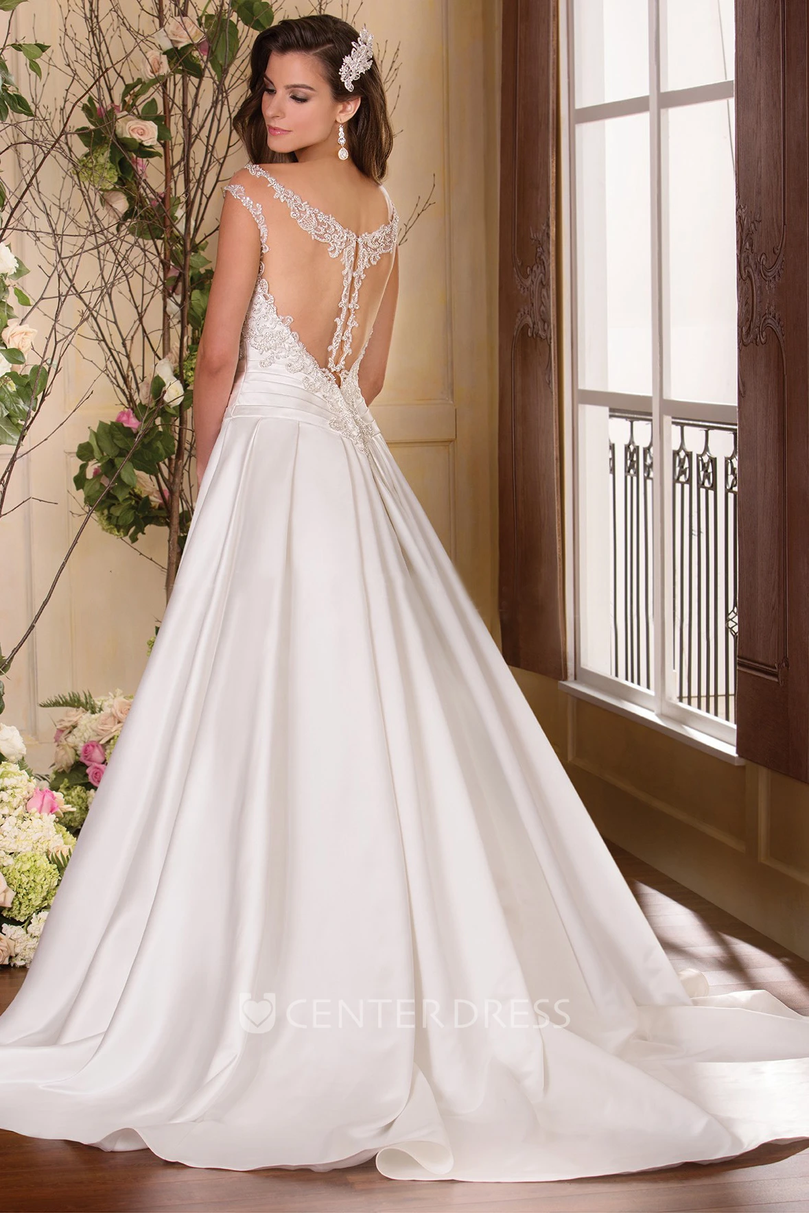 Cap-Sleeved Bateau-Neck A-Line Wedding Dress With Jeweled Illusion Neck