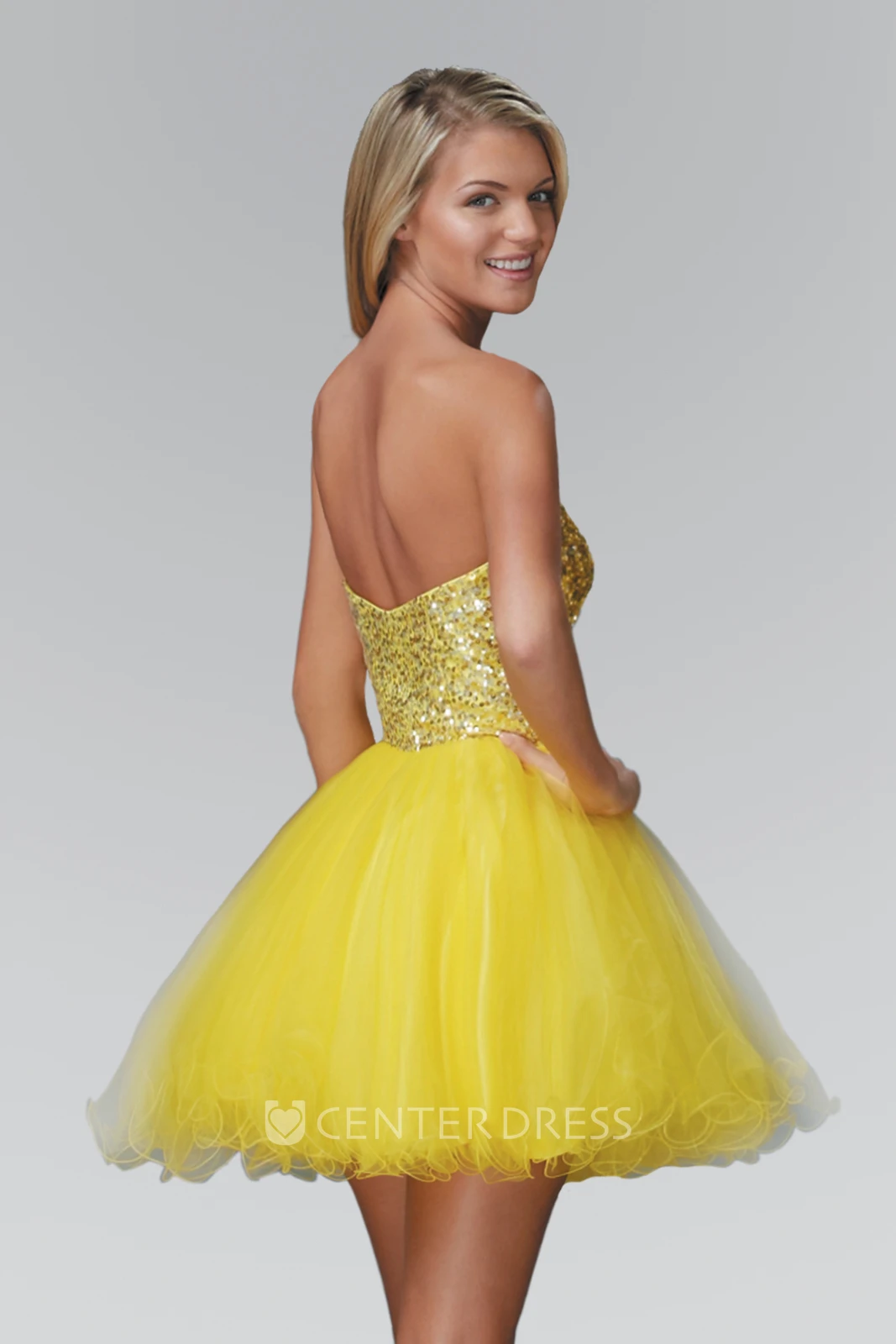 A-Line Short Sweetheart Sleeveless Sequins Backless Dress With Ruffles